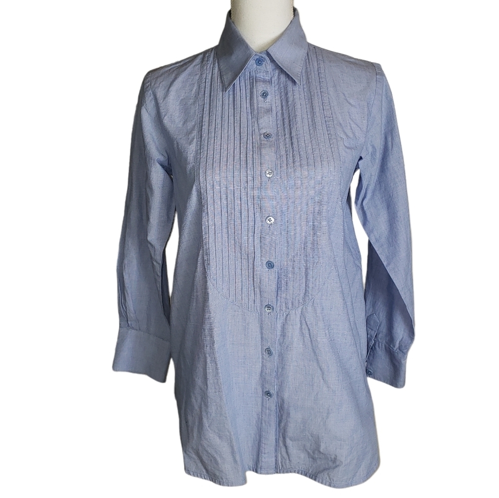 CAbi Blue Oxford Shirt Size Small Button Up Pintuck Pleated Tailored Career Work